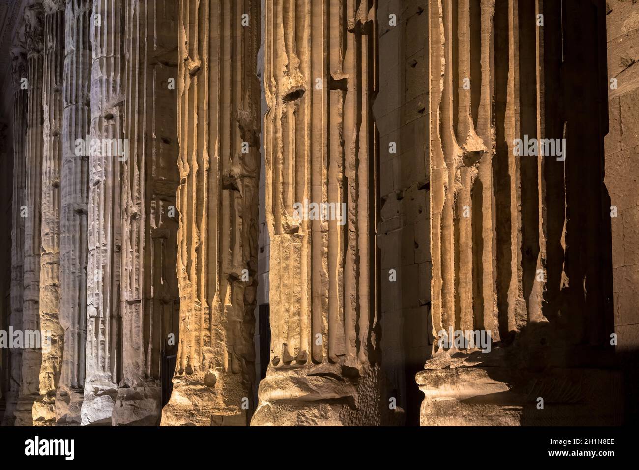 Rome, Italy. Detail of illuminated column architecture of Pantheon by night. Useful as archaeology background. Stock Photo