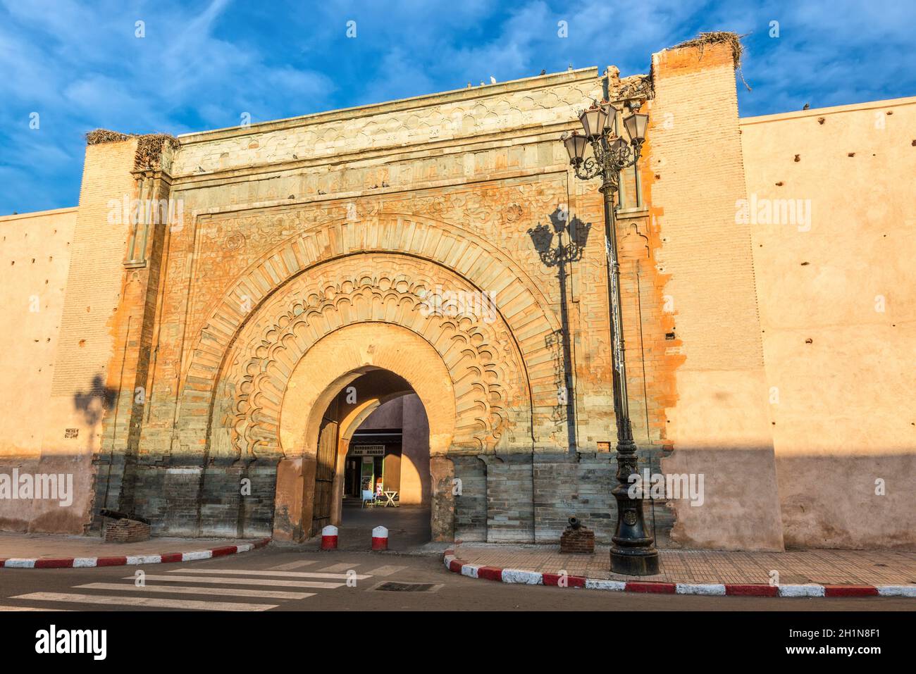 Marrakesh, Morocco - December 8, 2016: City gate Bab Agnaou - one of the nineteen gates of Marrakesh, Morocco, Africa. The old town of Marrakesh is li Stock Photo