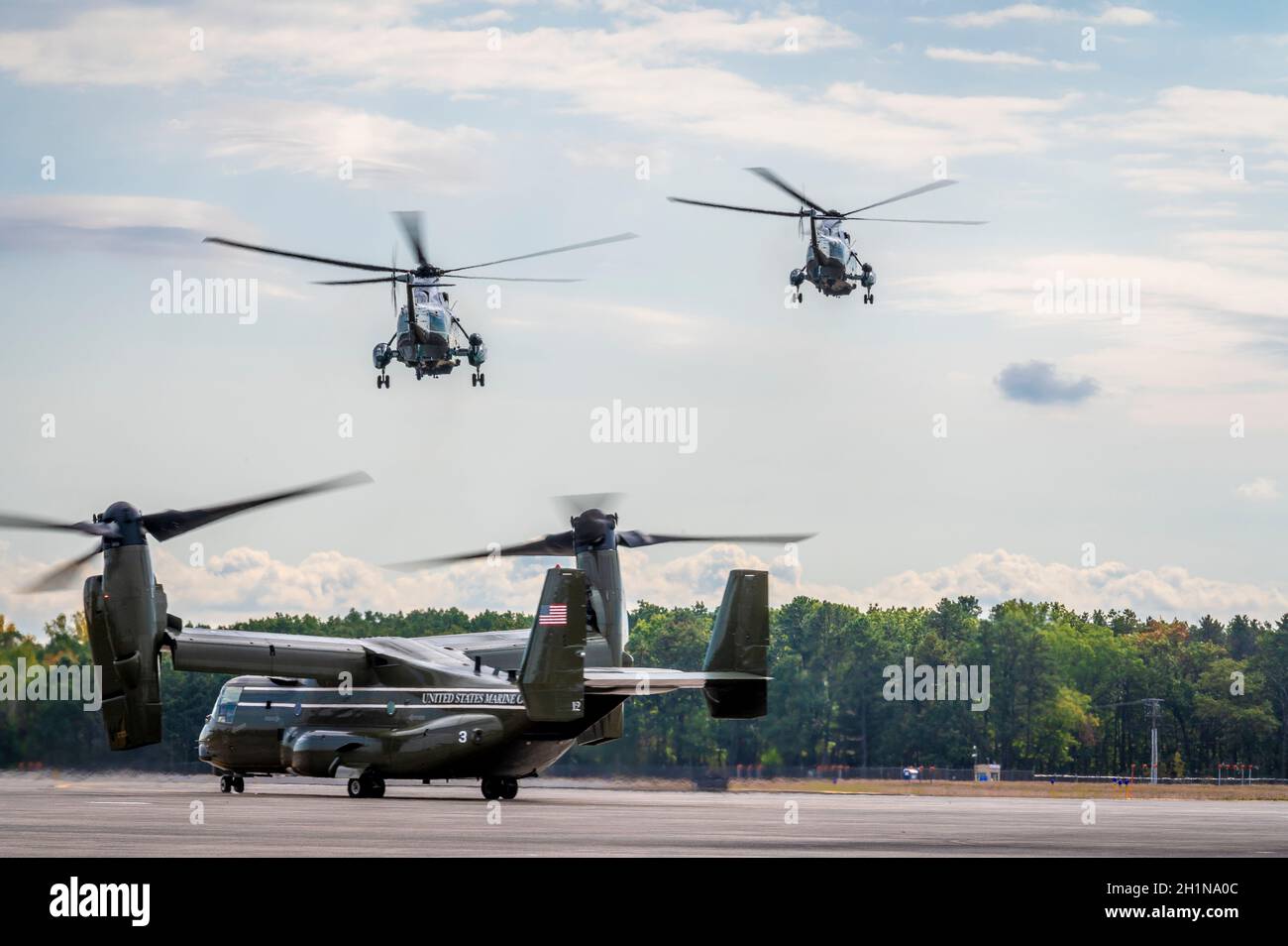 Aircraft from Marine Helicopter Squadron One depart Bradley Air