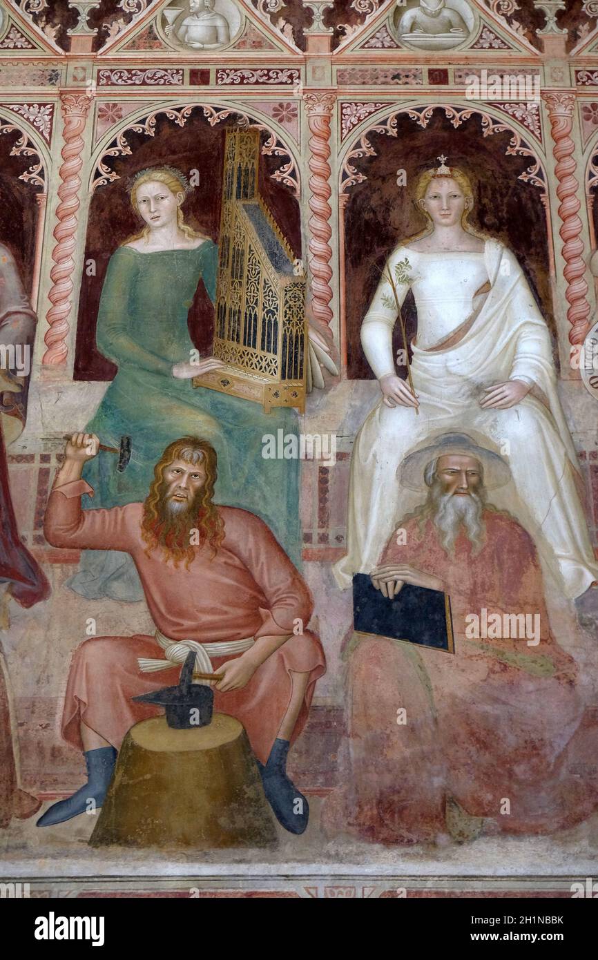 Music-Tubalcain, Dialectis-Pietro Ispano, Sacred Sciences and Liberal arts, detail of the Triumph of St. Thomas Aquinas, fresco by Andrea di Buonaiuto Stock Photo