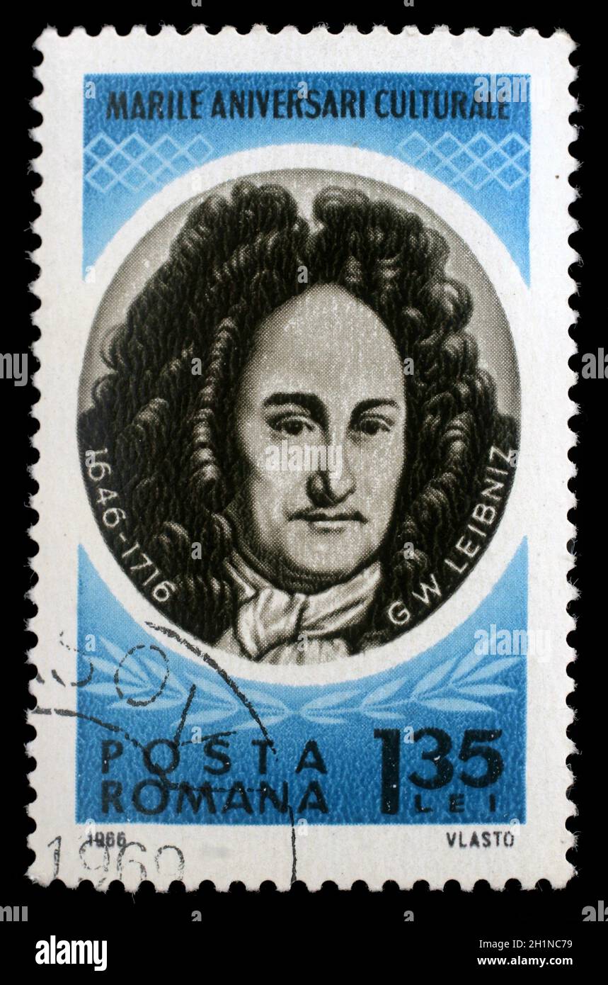 Stamp printed in Romania shows Gottfried Wilhelm von Leibniz (1646 – 1716) German polymath, mathematician and philosopher, circa 1966. Stock Photo