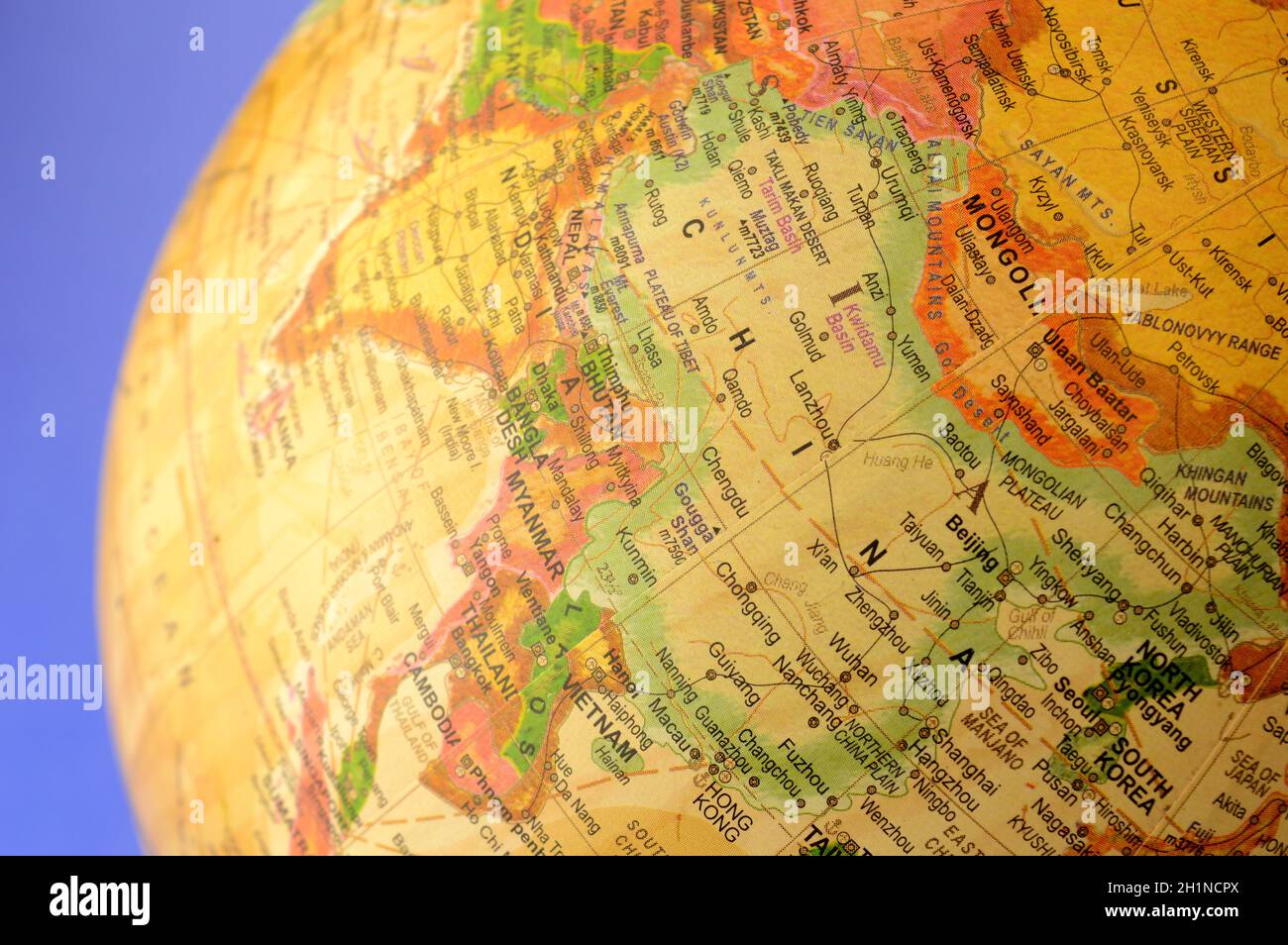 A closeup map of China found on a Globe of the Earth. Stock Photo