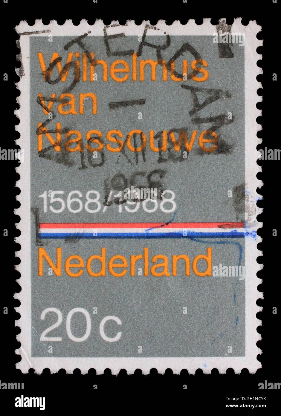 Stamp printed in the Netherlands issued for the 400th anniversary of Dutch National Anthem shows Wilhelmus van Nassouwe, circa 1968. Stock Photo