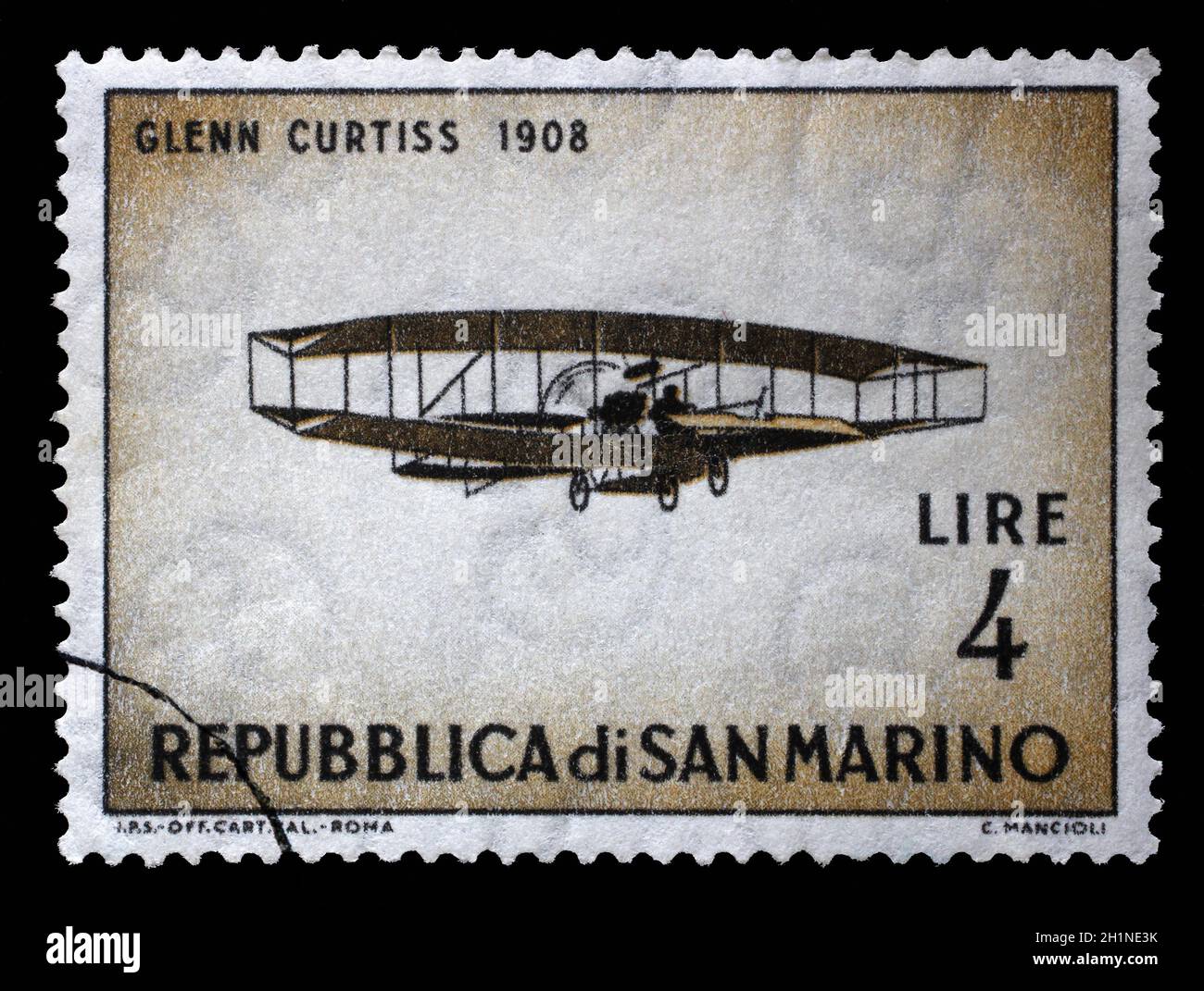 Stamp issued in San Marino shows Glenn Curtiss June Bug, Vintage Aircraft Series, circa 1962. Stock Photo