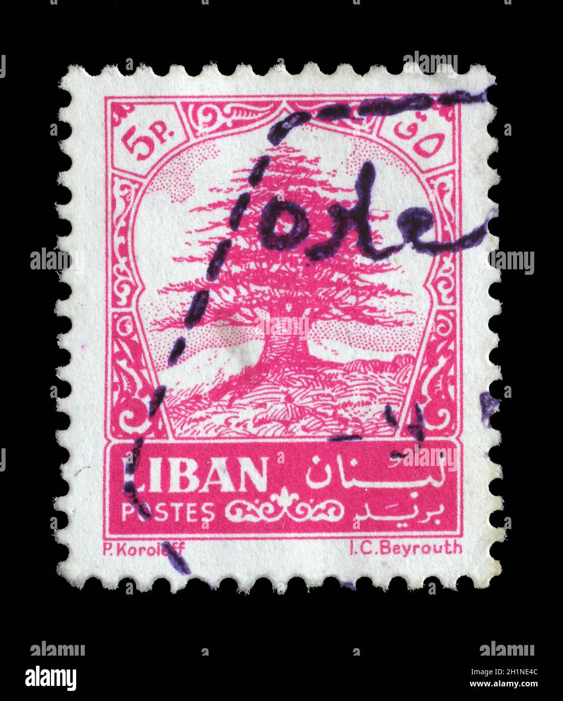 Stamp issued in the Lebanon shows Lebanon cedar (Cedrus libani), circa 1964. Stock Photo