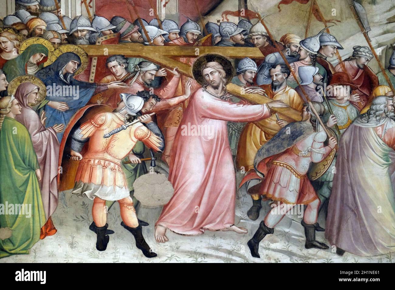Ascent to Calvary fresco, perhaps by Spinello Aretino, Sacristy in Basilica di Santa Croce (Basilica of the Holy Cross) - famous Franciscan church in Stock Photo