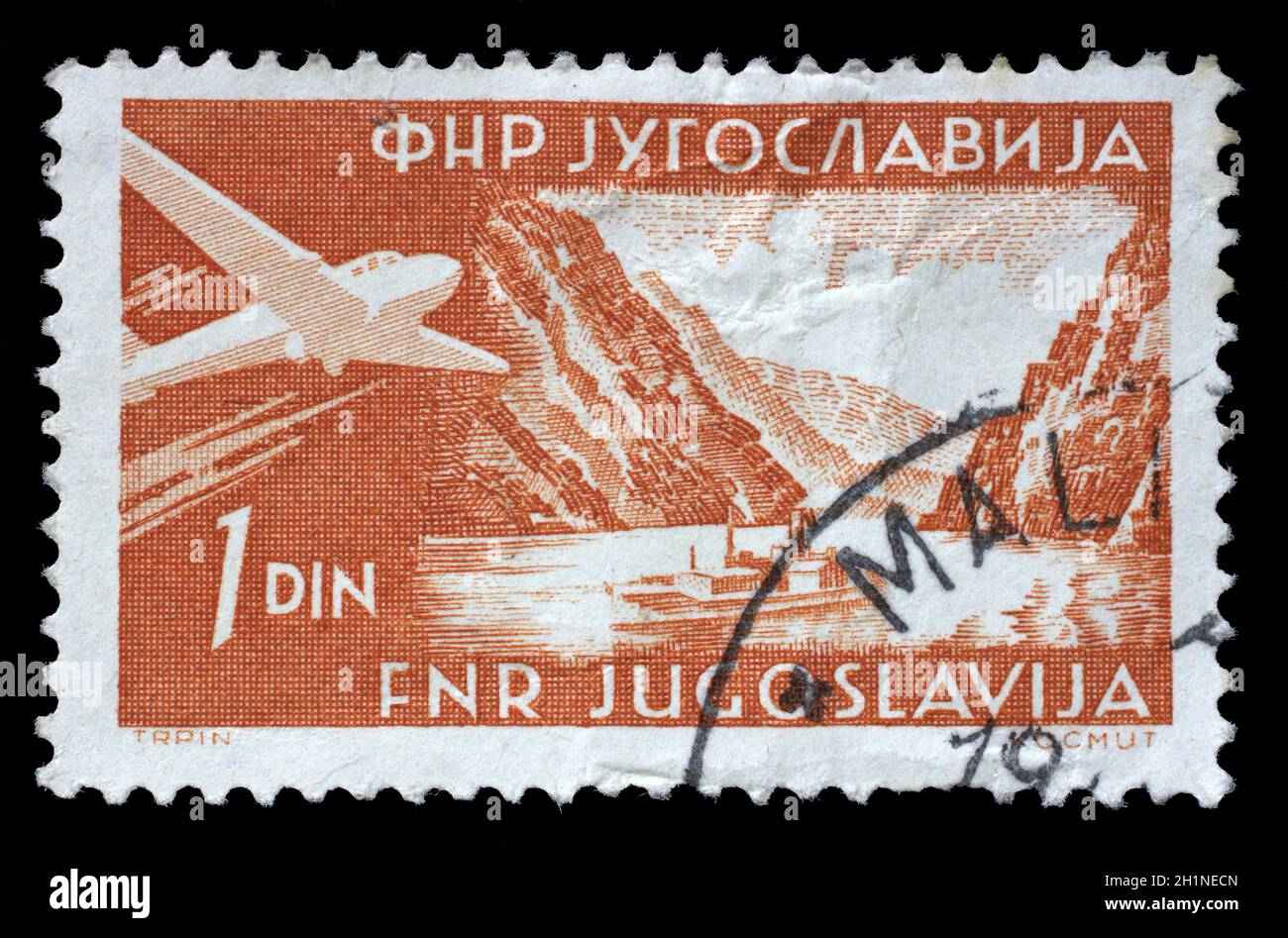 Stamp issued in Yugoslavia shows Danube breakthrough at the Iron Gate, Airplanes and Landscapes series, circa 1951. Stock Photo