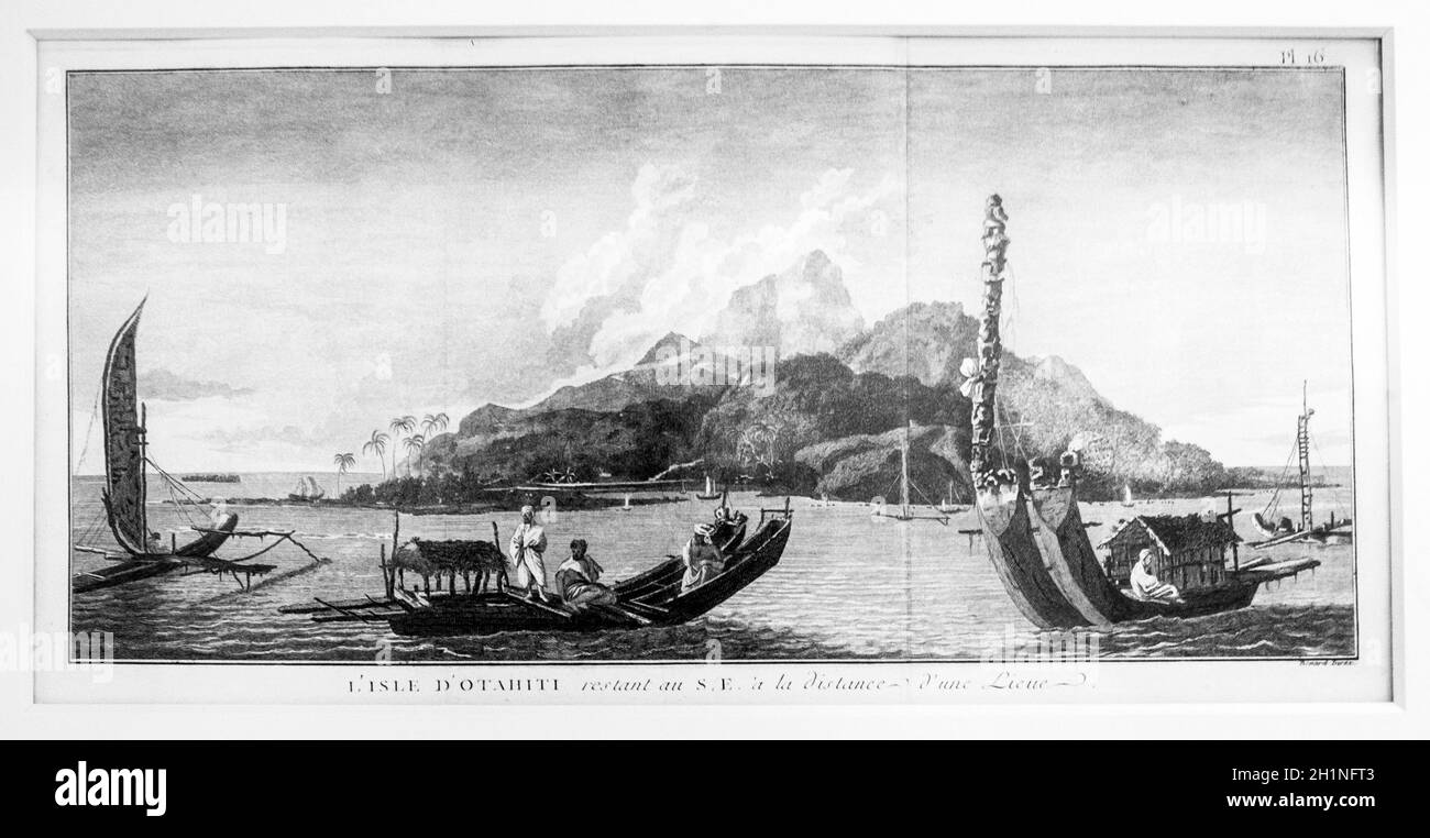 Otaheite or Tahiti island. 18th Century engraving. Bernat Picart, Netherlands Stock Photo