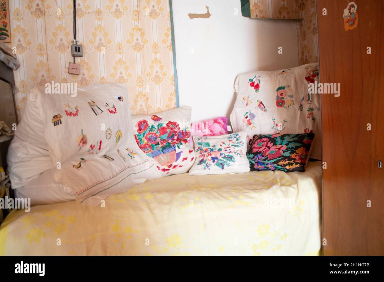 Details of rustic traditional bedroom interior in village of Belarus Stock Photo