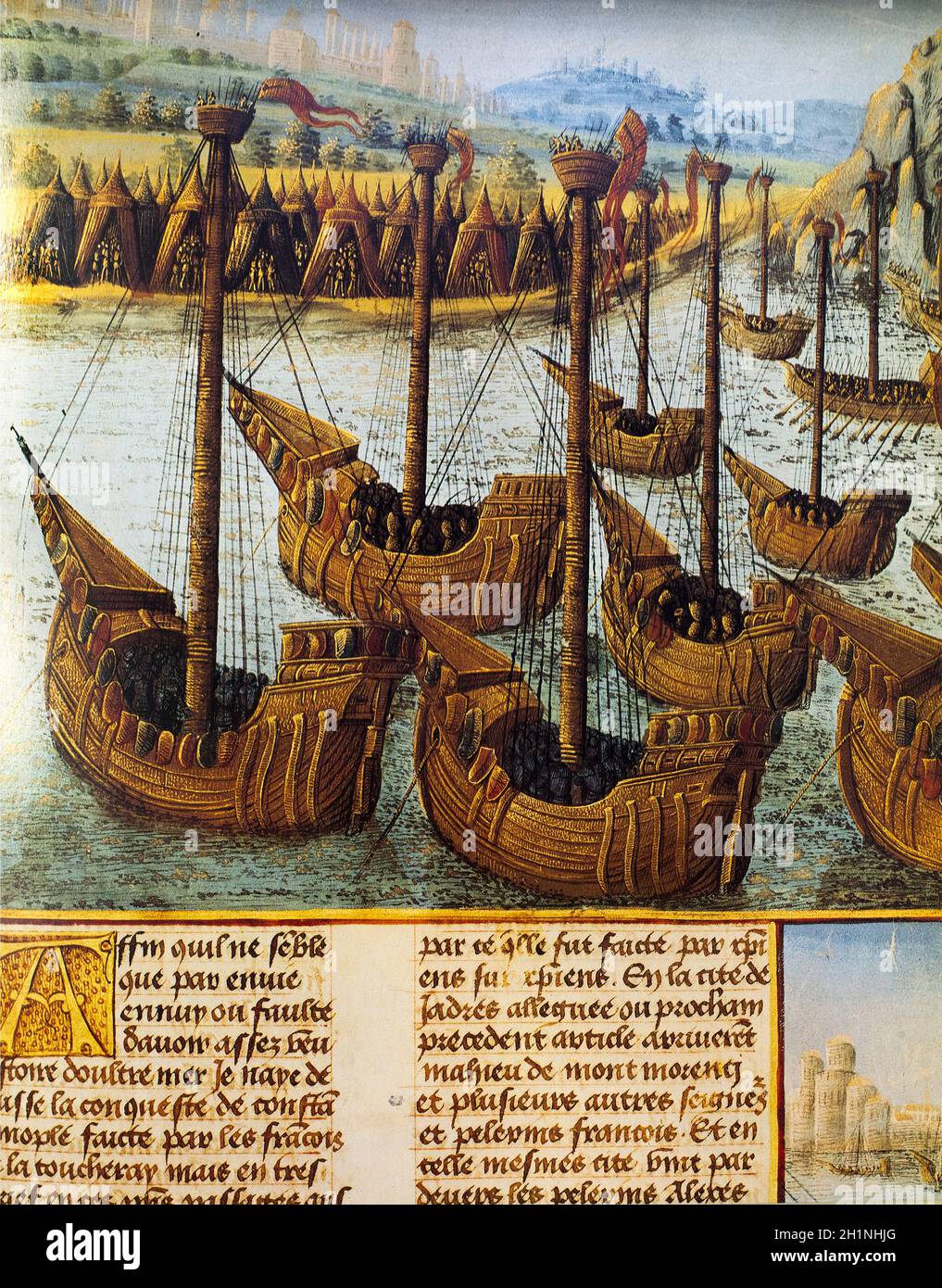 Battle of Sluys, 1340. French Fleet. Hundred Years War. 15th century illustration from Jean Froissart Chronicles Stock Photo
