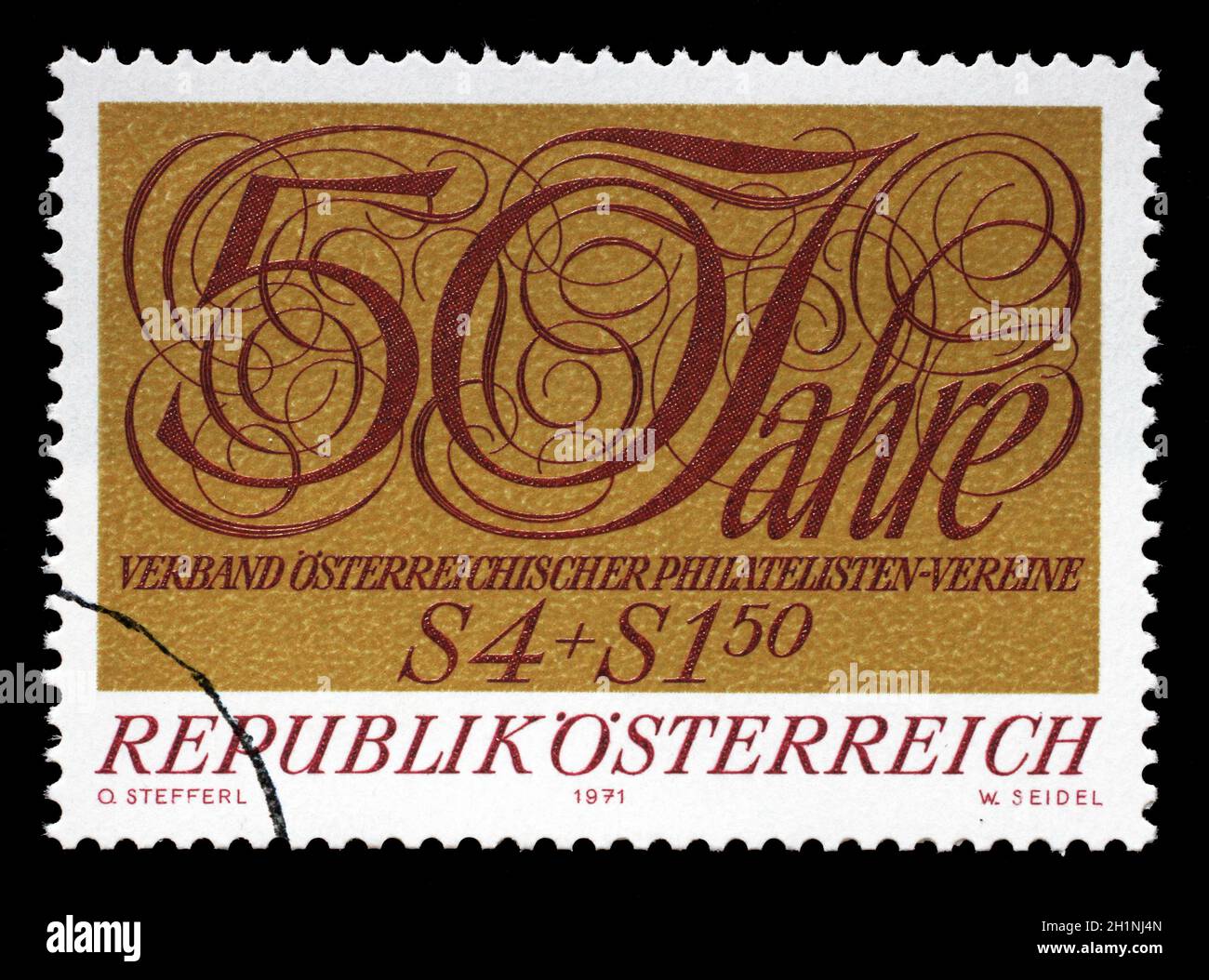 Stamp issued in the Austria shows the 50th Anniversary of the Austrian Philatelist Societies Association, circa 1971. Stock Photo