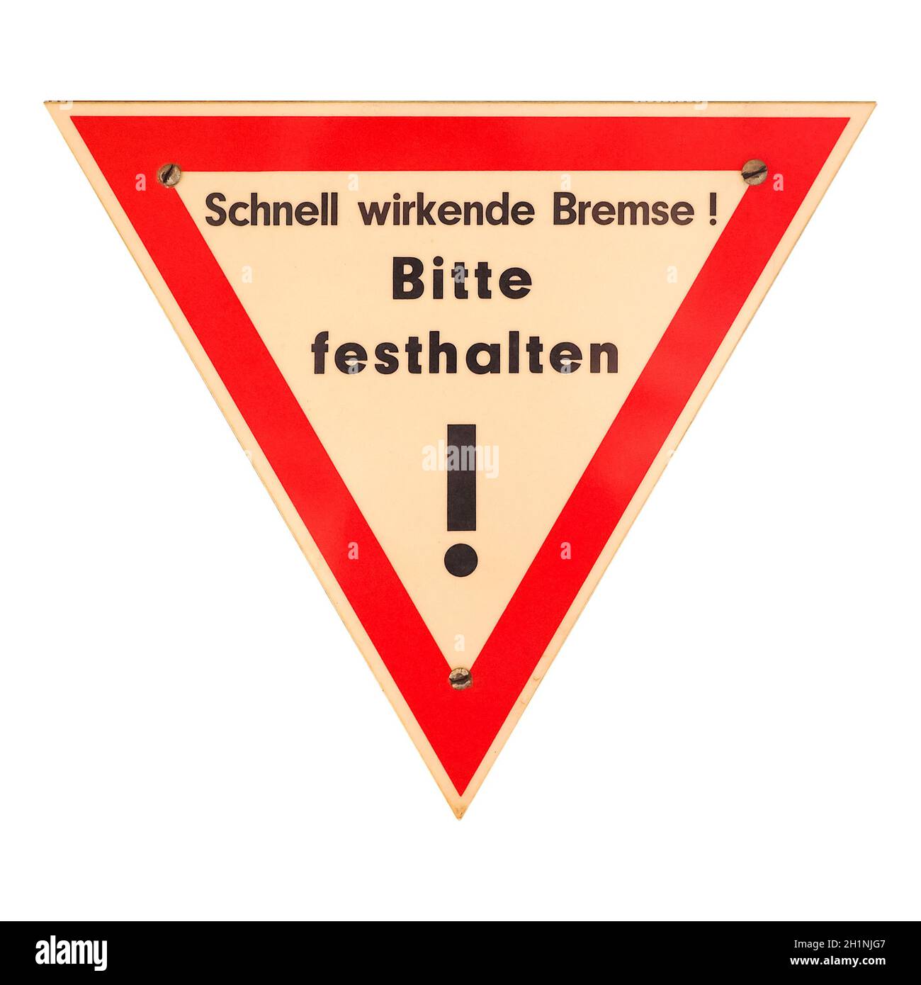 German traffic sign isolated over white background. Schnell wirkende Bremse, bitte festhalten (translation: Fast acting brake, please hold on) Stock Photo