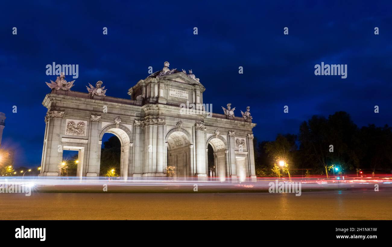 Puerta de Alcala (Alcala Gate) during night in Madrid, Spain Stock Photo