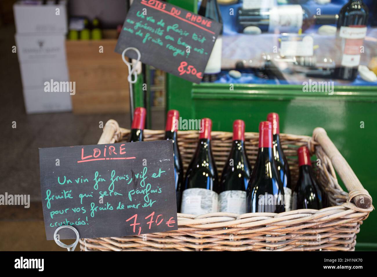 French wine on sale at the market of Rue Mouffetard Stock Photo