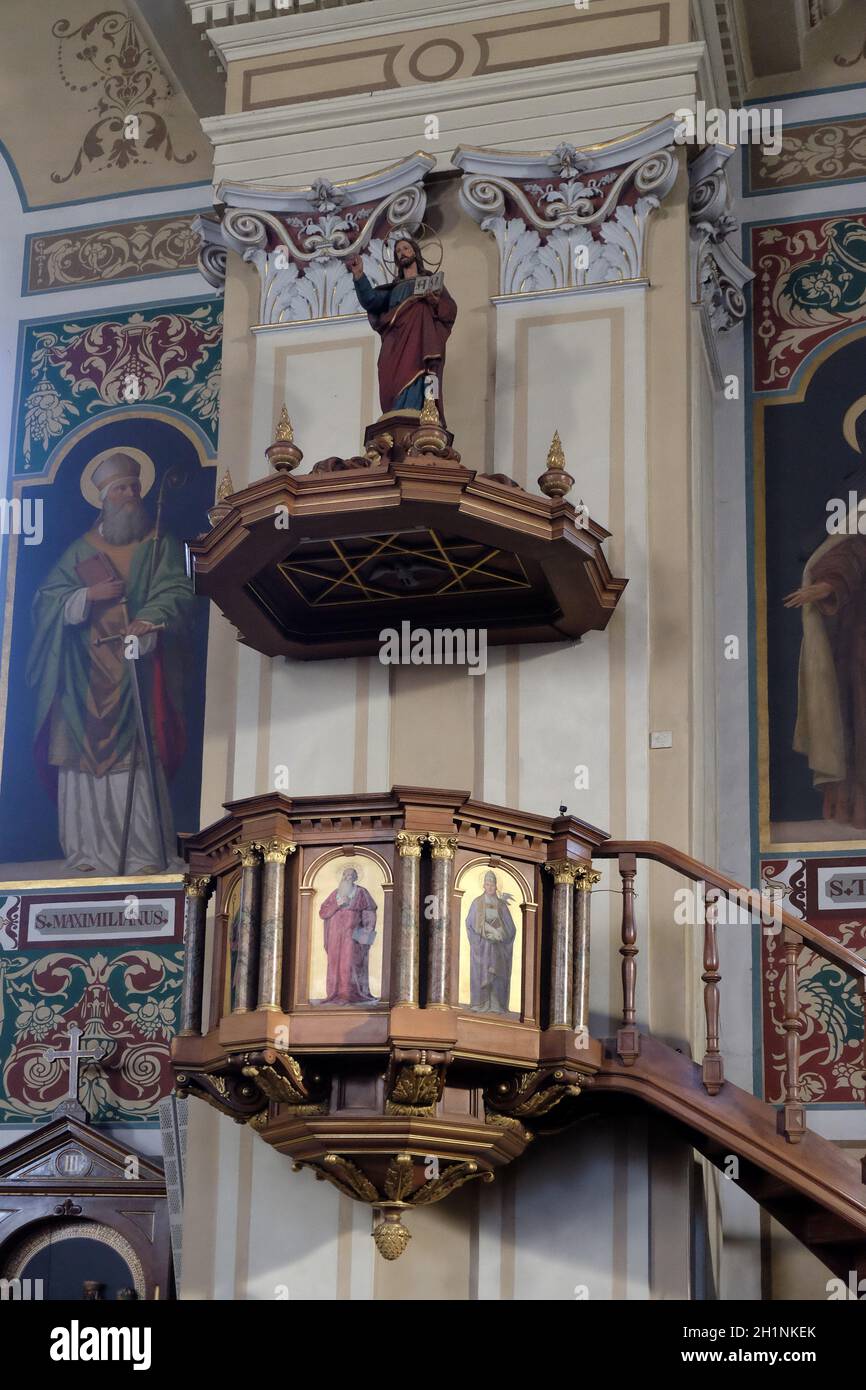 Pulpit in parish church of St. Nicholas in Bad Ischl, Austria Stock
