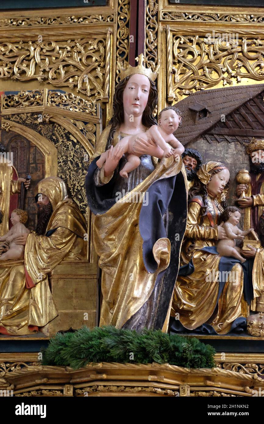 Virgin Mary with baby Jesus, altar in Maria am Berg church in Hallstatt, Austria Stock Photo