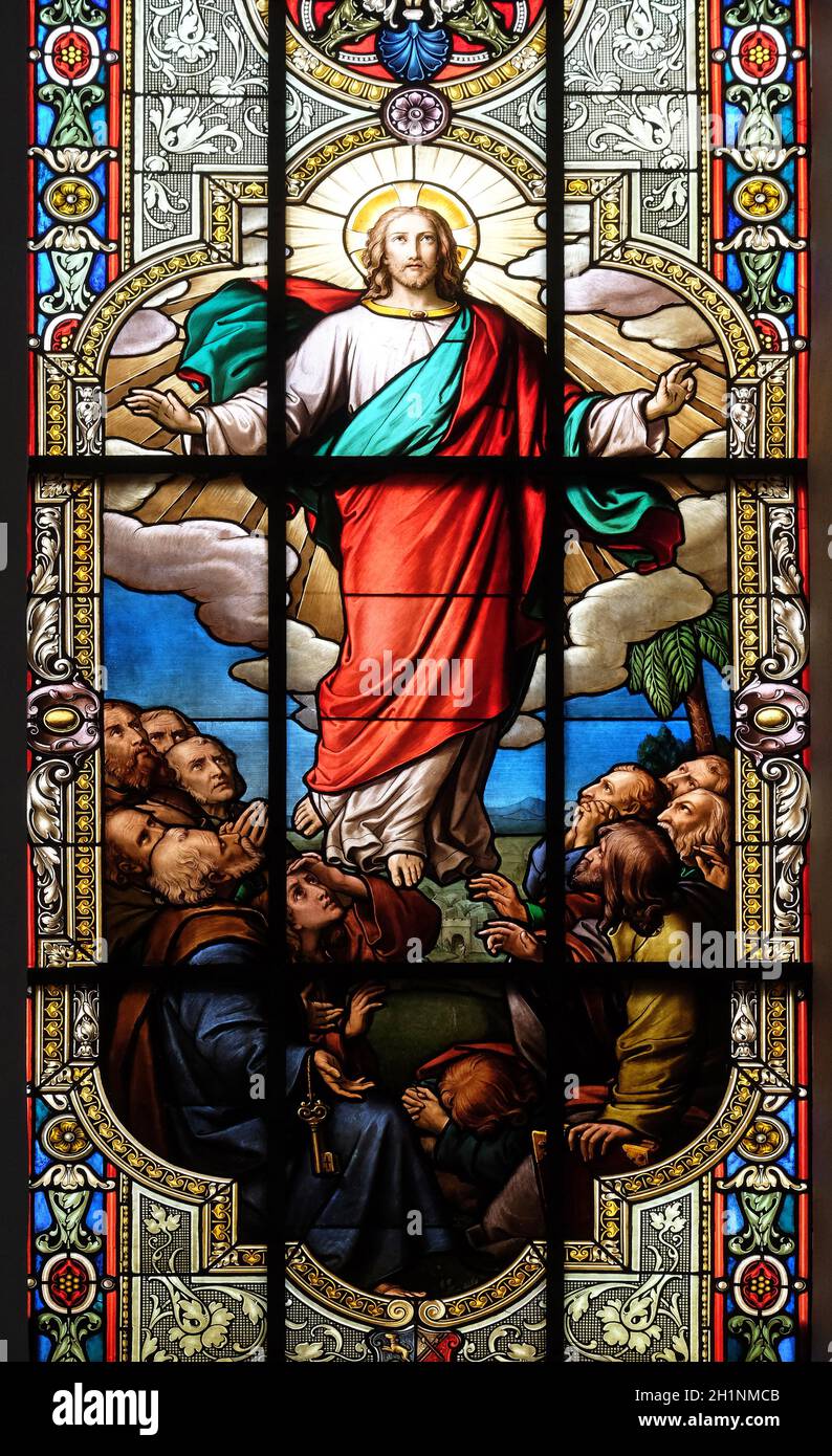 Ascension of Christ, stained glass window in the Saint Nicholas Evangelical  church, Aalen, Germany Stock Photo - Alamy