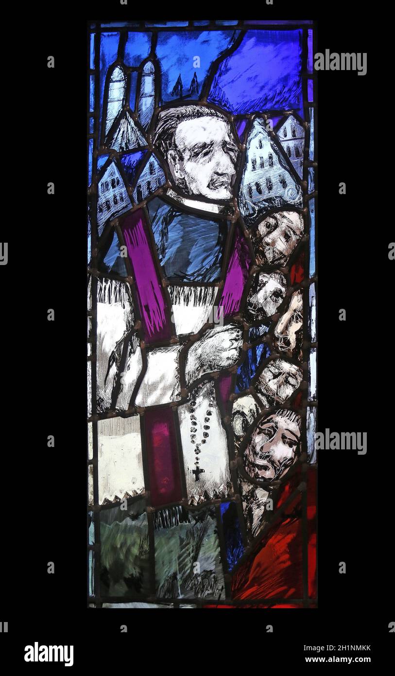 Father Rupert Mayer, stained glass window by Sieger Koder in St. John church in Piflas, Germany Stock Photo