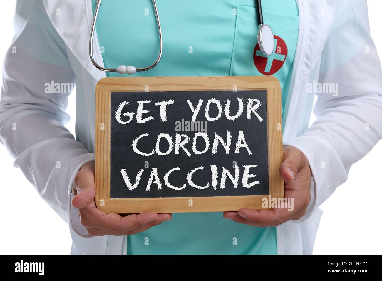 Get your Corona Virus Coronavirus Vaccine vaccination Covid 19 COVID-19 doctor with board Stock Photo
