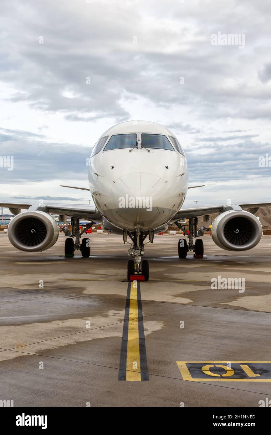 Cologne, Germany - November 2, 2019: German Airways Embraer 190 airplane at Cologne Köln Bonn Airport (CGN) in Germany. Stock Photo