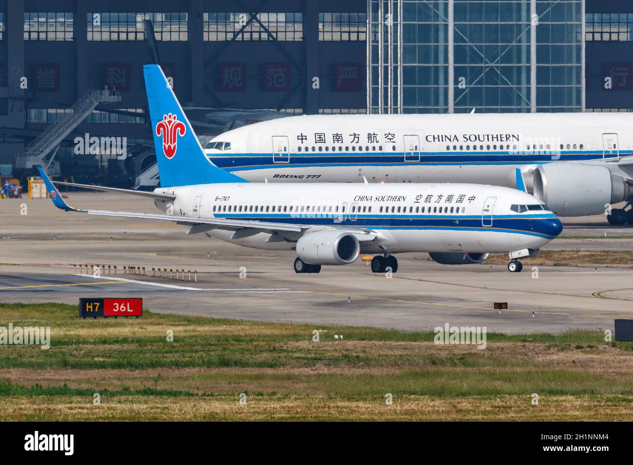 Shanghai, China - September 28, 2019: China Southern Airlines Boeing 737-800 airplane at Shanghai Hongqiao Airport in China. Stock Photo