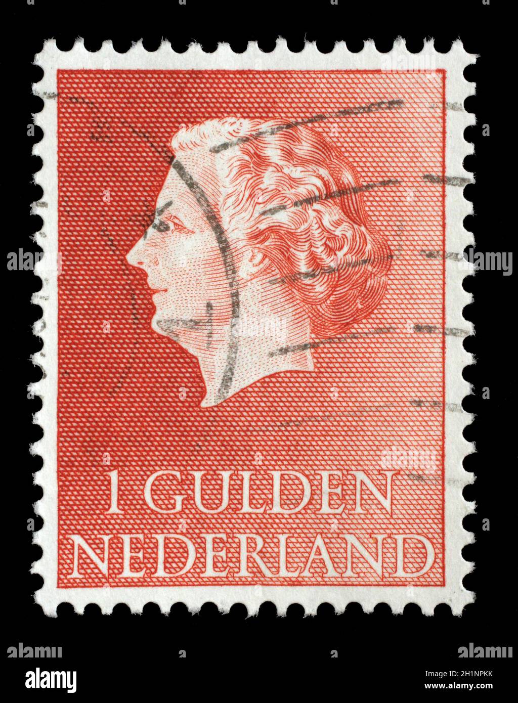 Stamp printed in Netherlands shows portrait of Queen Juliana. Was Queen of Netherlands in the period September 4, 1948 to April 30, 1980. Stock Photo