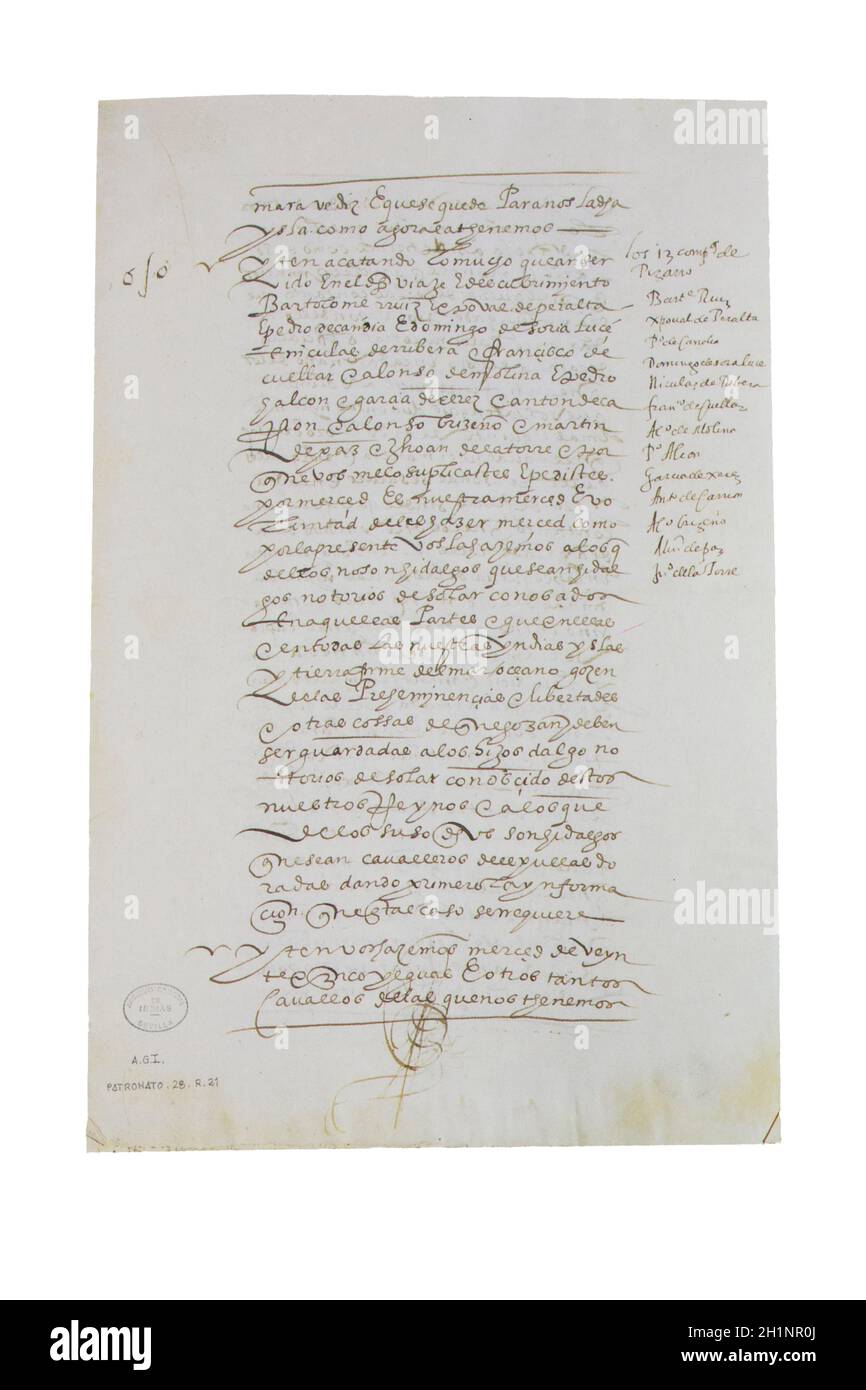 Contract document of Francisco Pizarro, Spanish Conqueror of Inca Empire. Archive of Indies, Seville, Spain Stock Photo