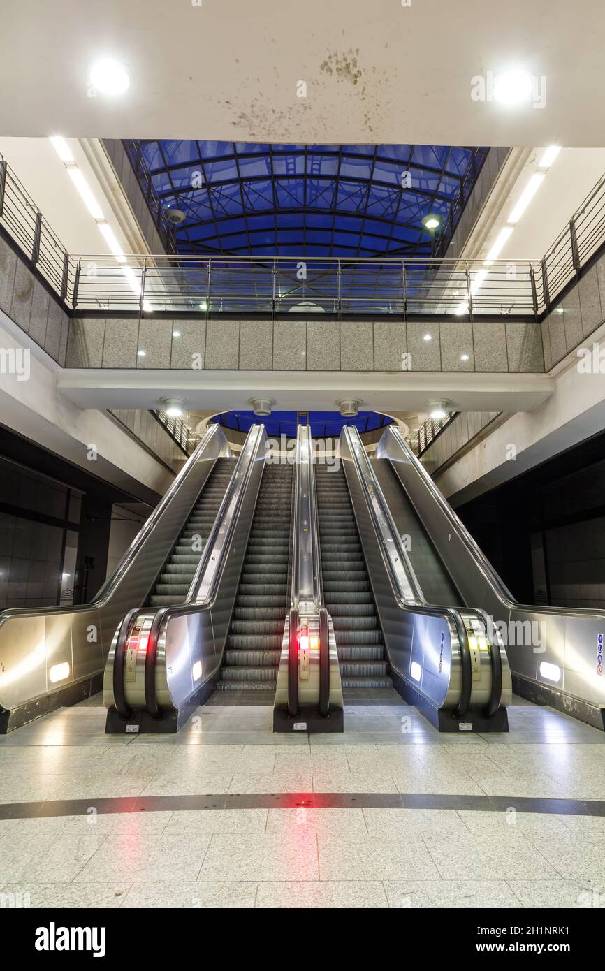 Dortmund, Germany - August 9, 2020: Dortmund Metro MRT Stadtbahn escalator Underground Station Westfalenhallen in Germany. Stock Photo