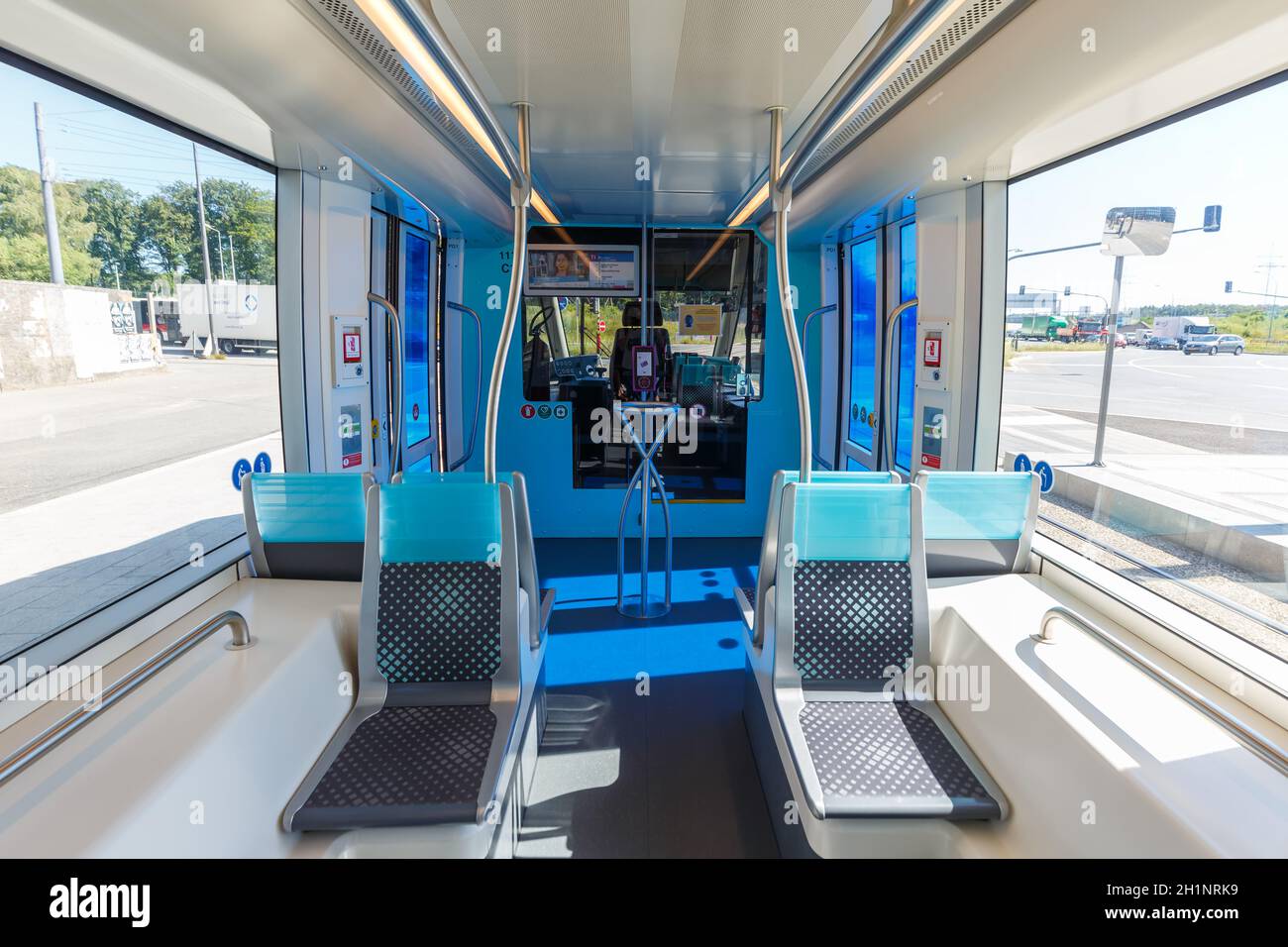 Luxembourg - June 24, 2020: Tram Luxtram train public transit transport interior CAF Urbos in Luxembourg. Stock Photo