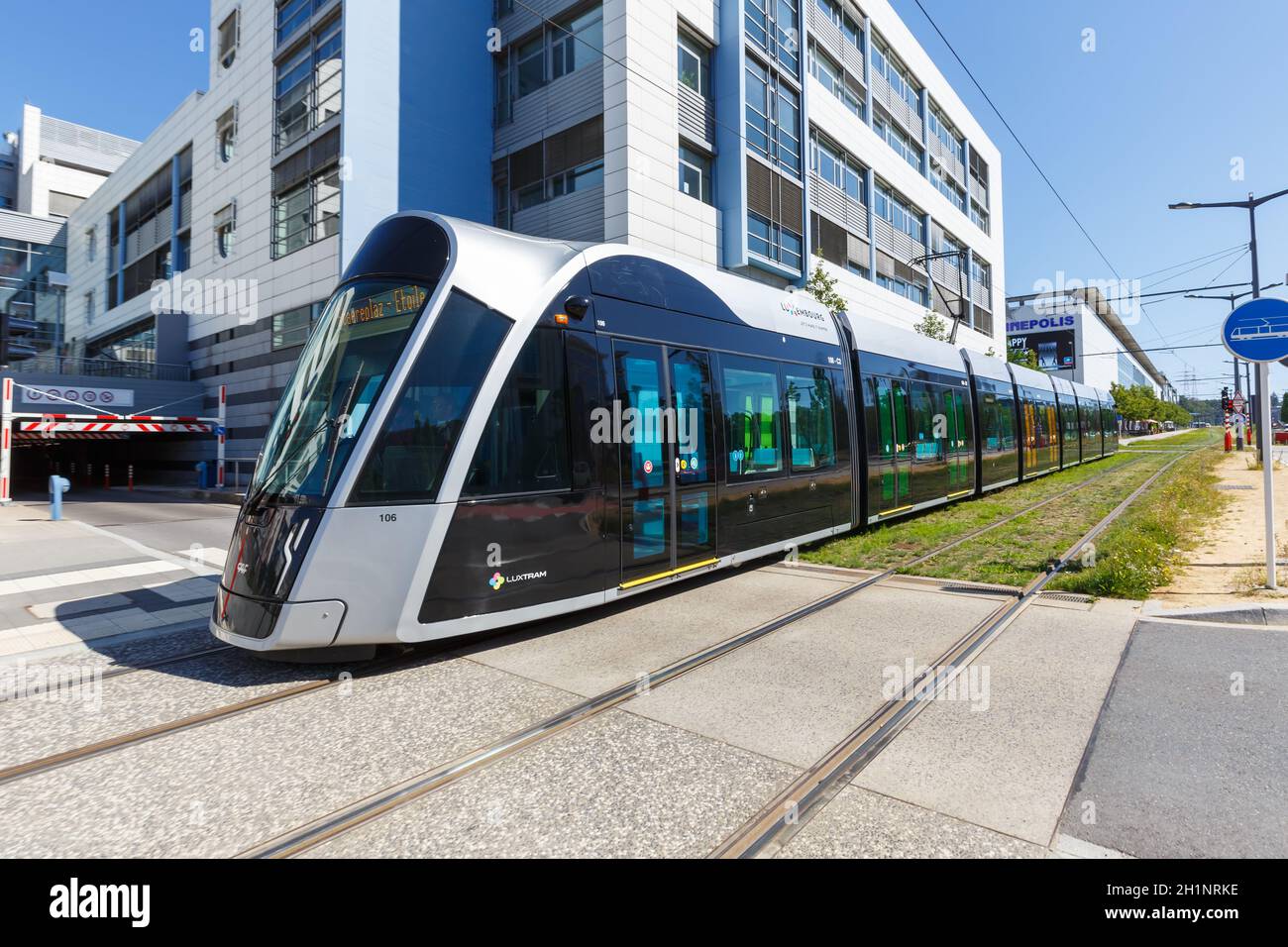 Luxembourg - June 24, 2020: Tram Luxtram train public transit transport in Luxembourg. Stock Photo