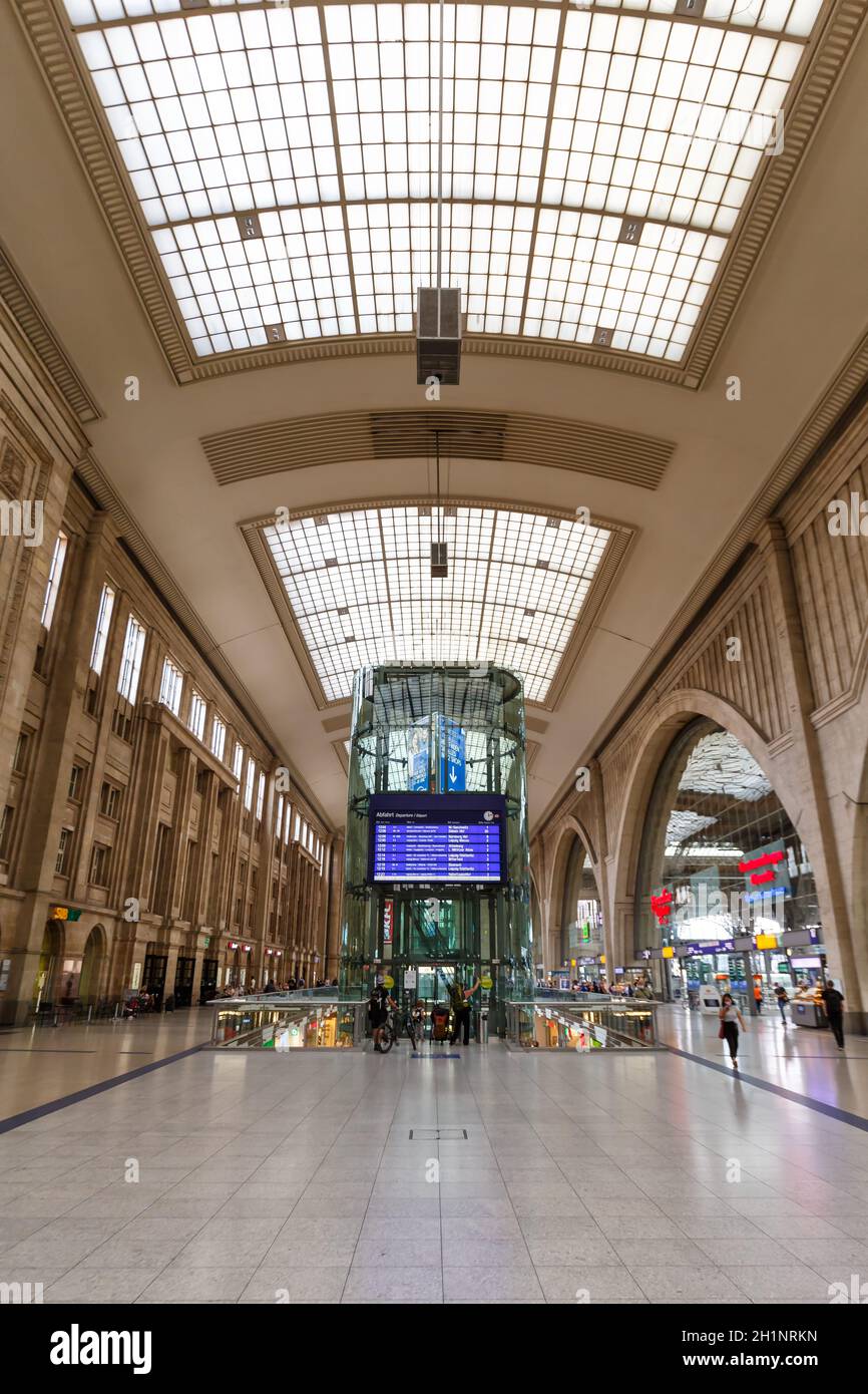 Leipzig, Germany - August 19, 2020: Leipzig main railway station Hauptbahnhof Hbf Deutsche Bahn DB hall west in Germany. Stock Photo
