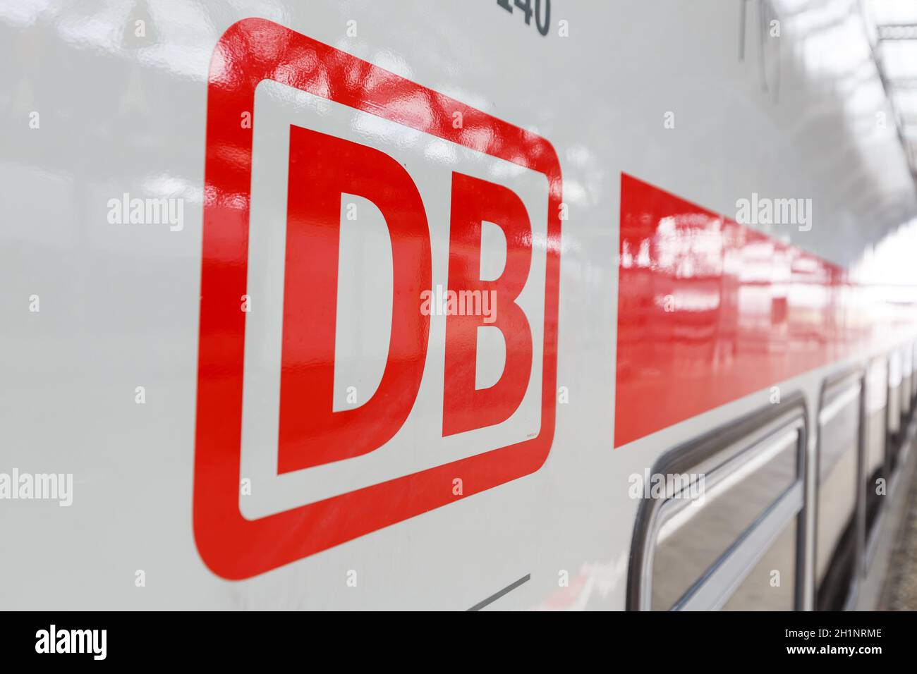Leipzig, Germany - August 19, 2020: DB logo Deutsche Bahn German railways IC2 Intercity 2 train at Leipzig main station railway in Germany. Stock Photo