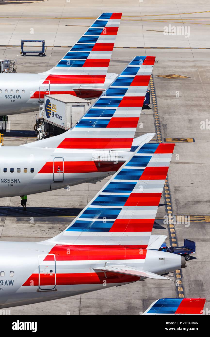 Phoenix, Arizona - April 8, 2019: American Airlines airplane tails at Phoenix Airport (PHX) in Arizona. Stock Photo
