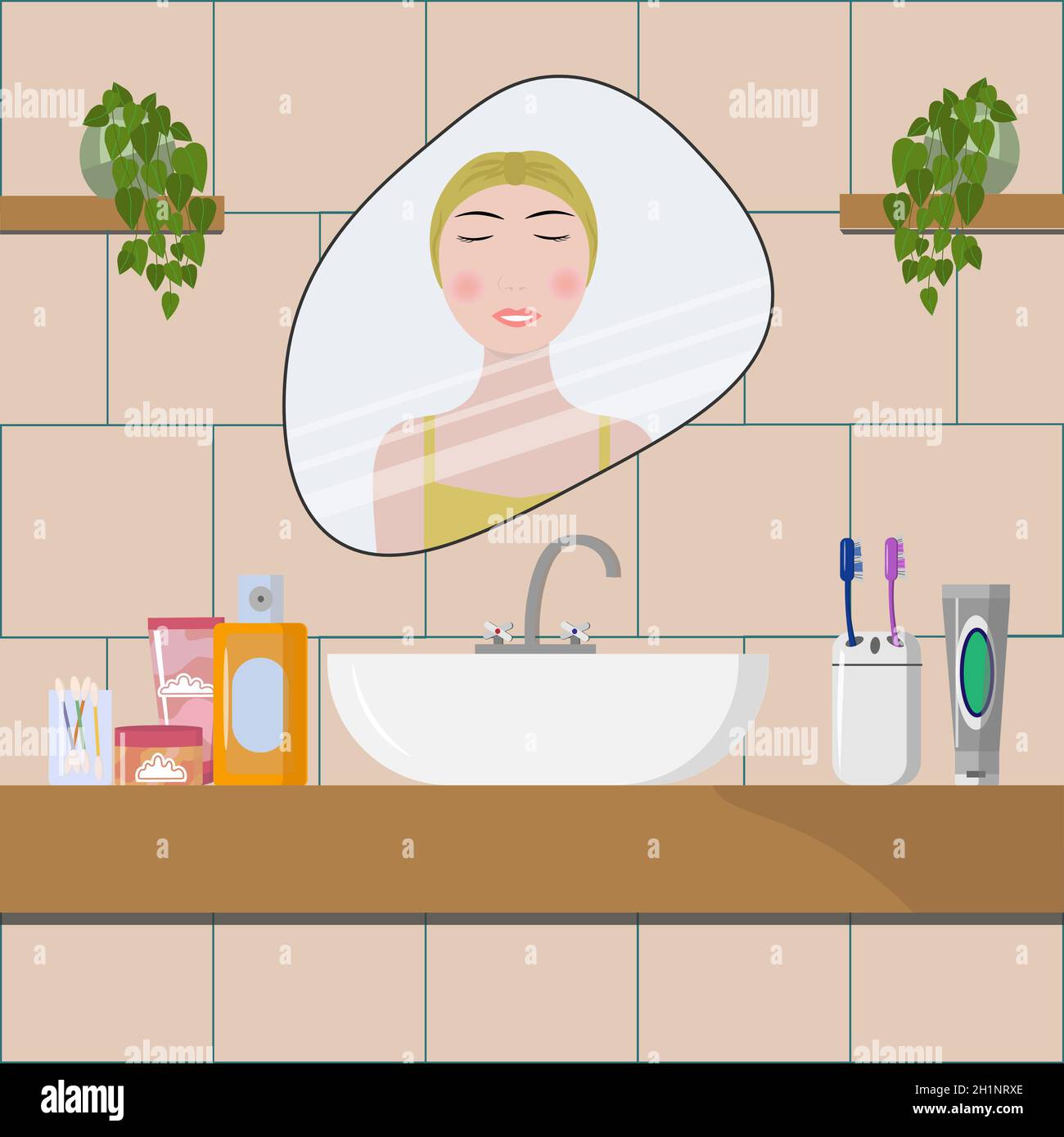 The morning routine of selfcare in the bathroom. Girl in the interior