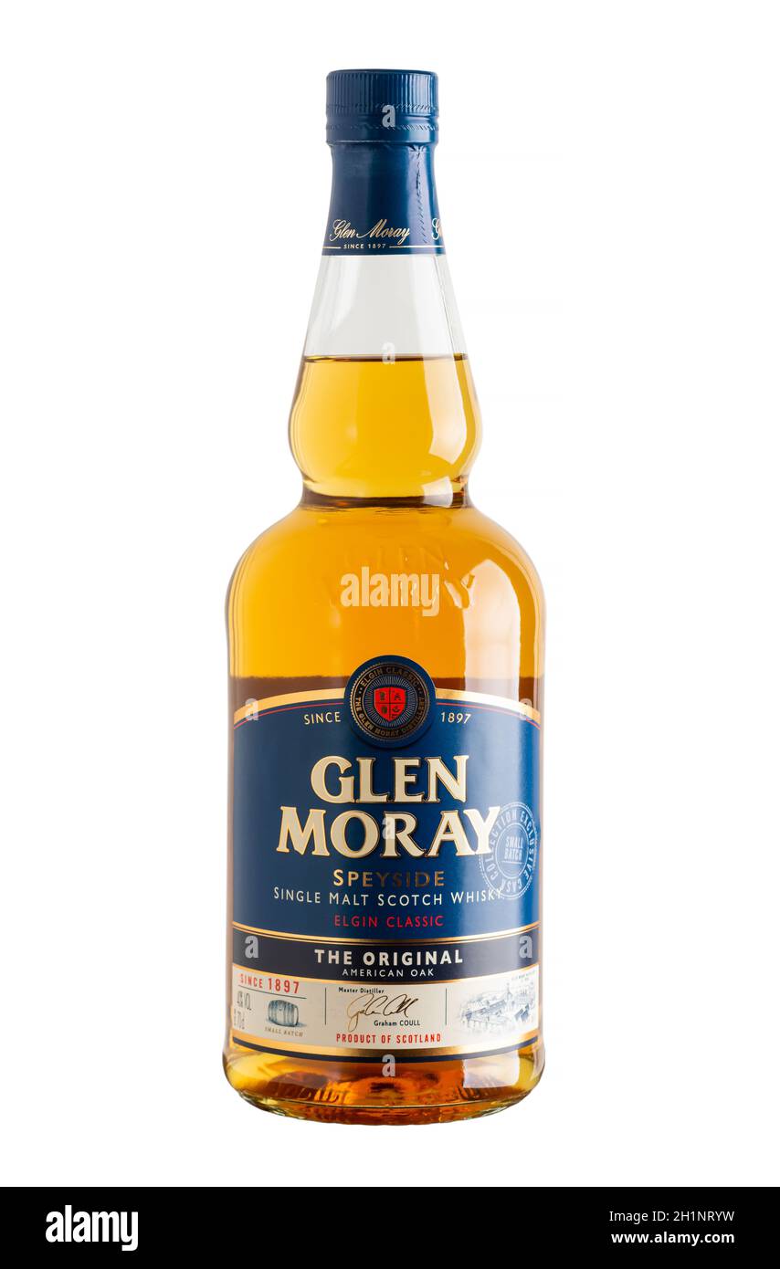 BAYONNE, FRANCE - CIRCA DECEMBER 2020: Glen Morray Classic single malt whisky bottle isolated on white background Stock Photo