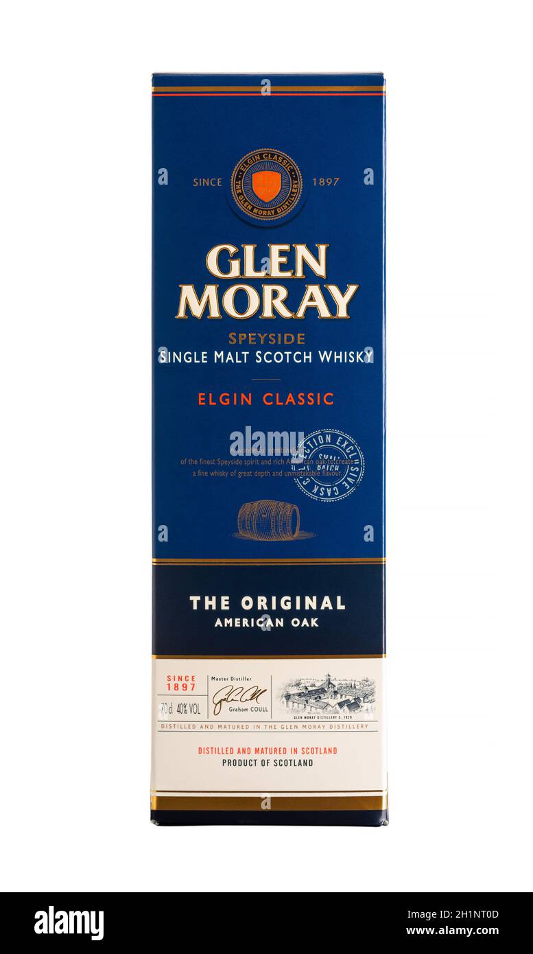 BAYONNE, FRANCE - CIRCA DECEMBER 2020: Glen Morray Classic single malt whisky bottle box isolated on white background Stock Photo