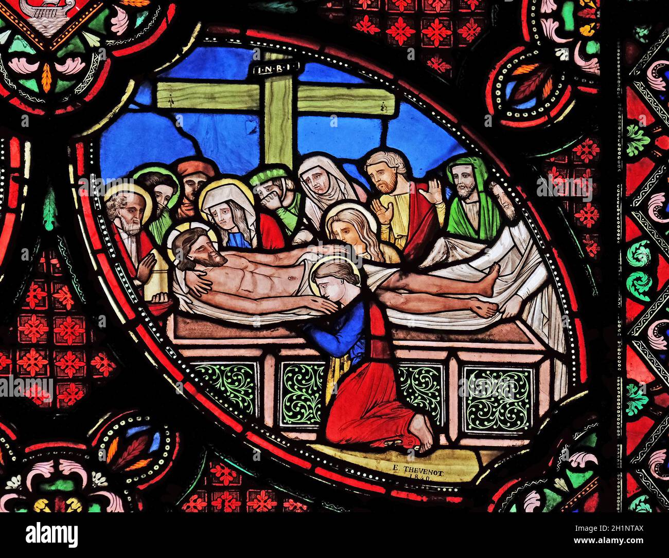 Entombment of Christ, stained glass window from Saint Germain-l'Auxerrois church in Paris, France Stock Photo