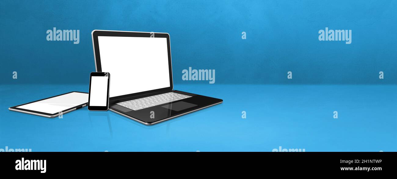 Laptop, mobile phone and digital tablet pc on blue office desk. Banner  background. 3D Illustration Stock Photo - Alamy