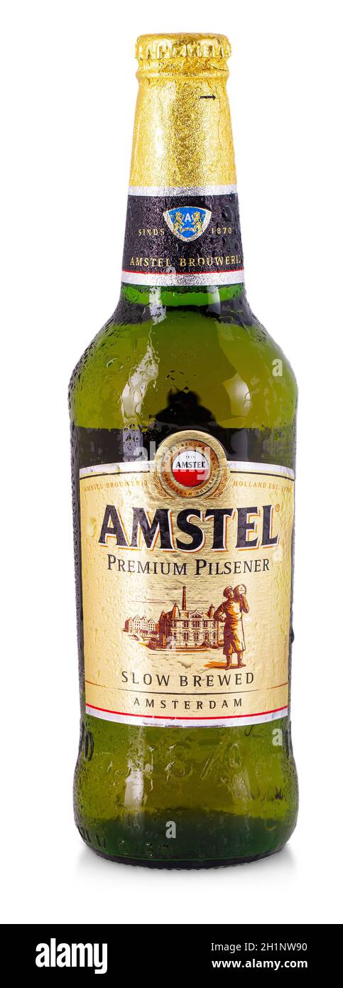 CHISINAU , MOLDOVA- APRIL 20, 2018: Classic bottle Of Amstel beer isolated on white studio shot. Stock Photo
