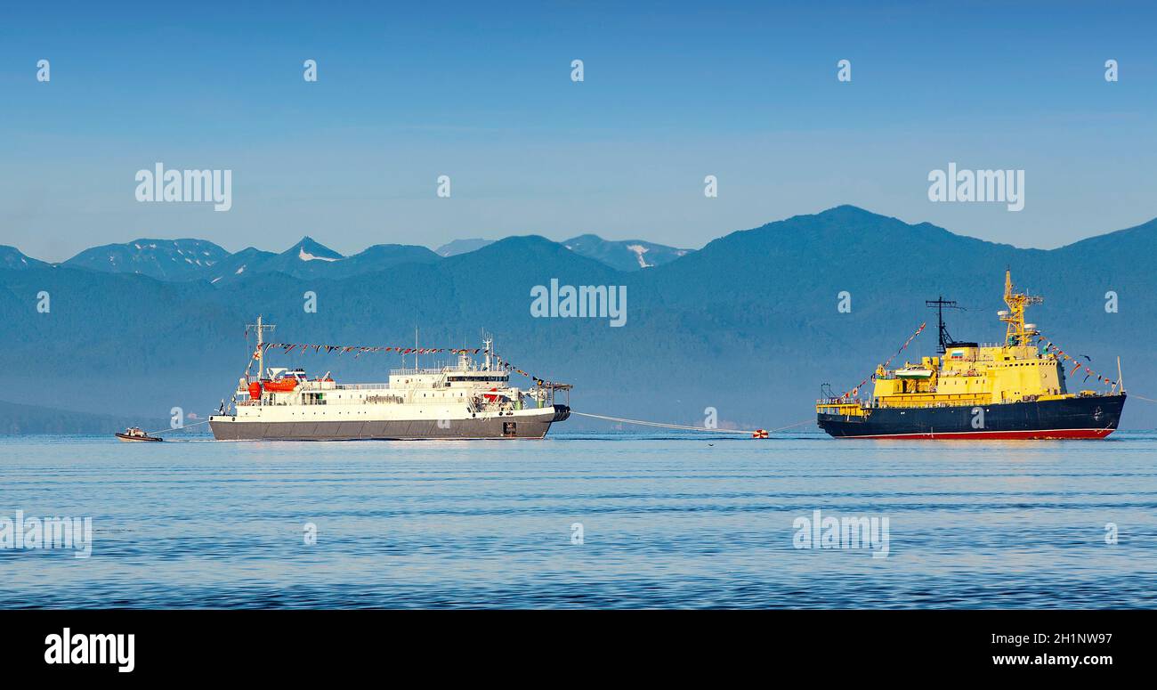 The rescue ship in the Avacha Bay of the Pacific ocean Stock Photo