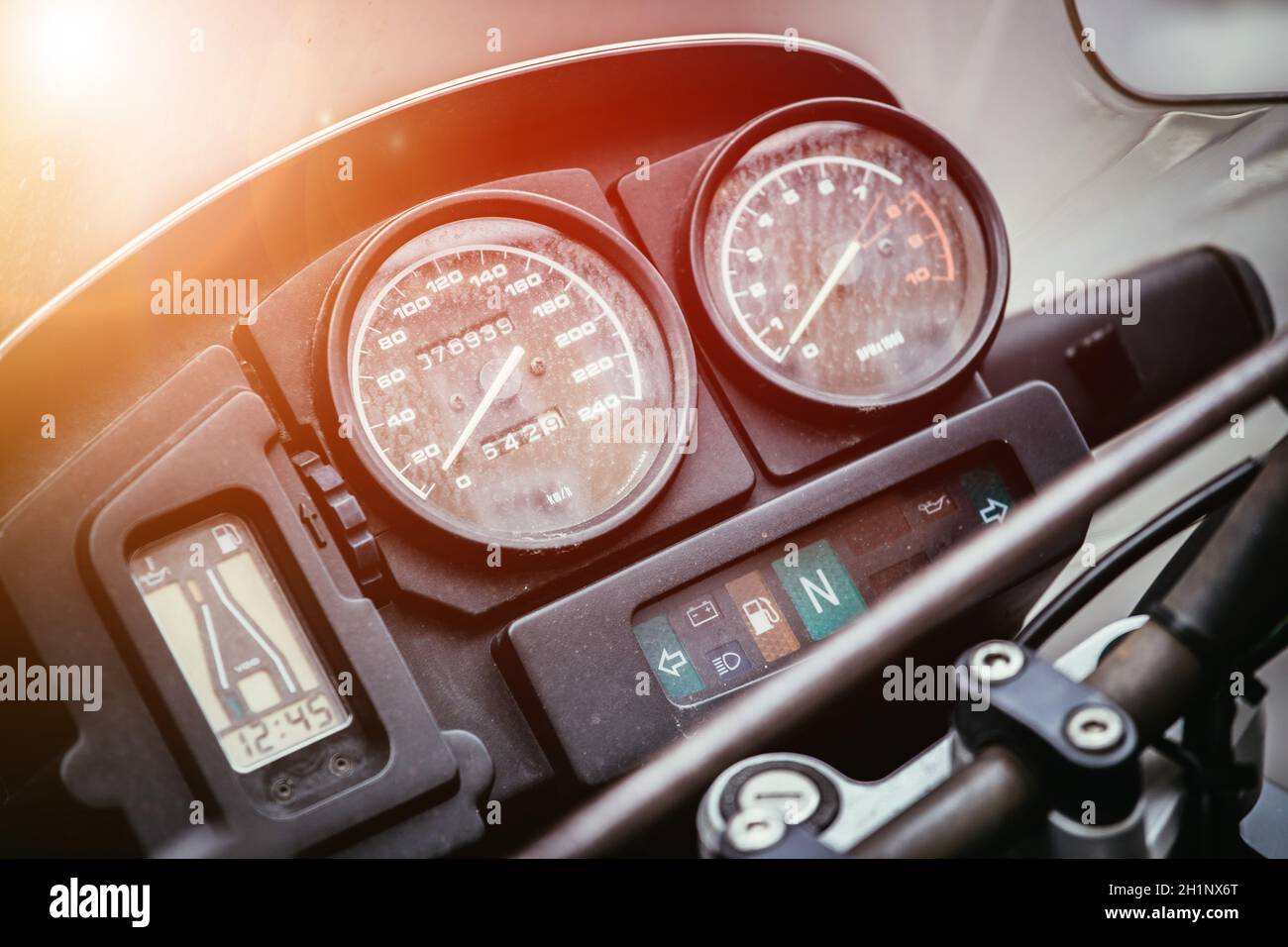 Close up of a vintage motorcycle dashboard, road trip Stock Photo Alamy