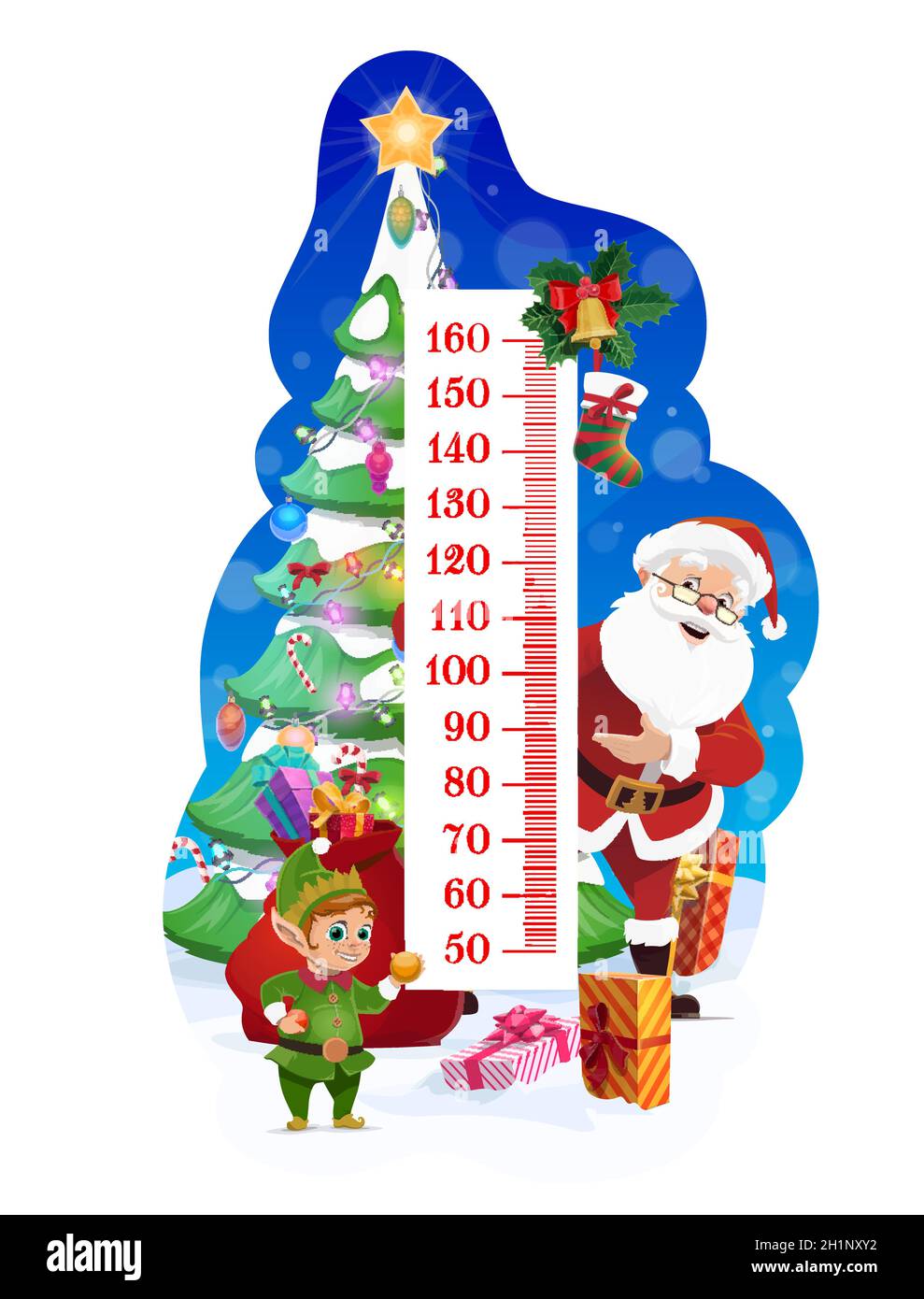 Kids height chart with Christmas tree and Santa. Children growth meter