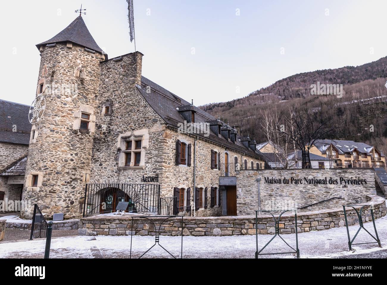 Saint Lary Soulan, France - December 26, 2020: architectural detail of the Maison Du Parc National Des Pyrenees (house of the Pyrenees National Park) Stock Photo