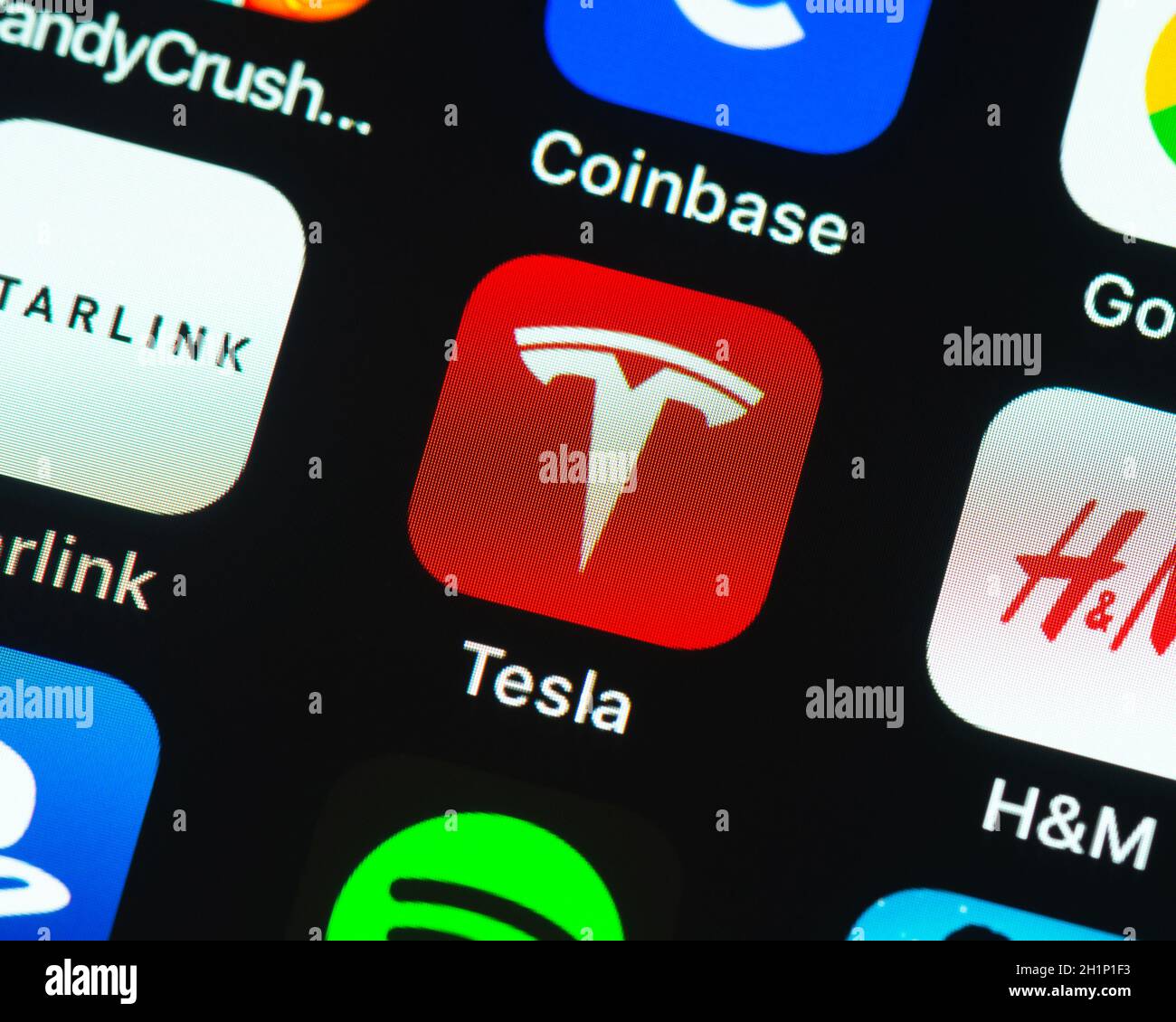 BAYONNE, FRANCE - CIRCA JANUARY 2021: Tesla app icon on Apple iPhone screen. The app is used to control and remotely monitor Tesla products. Stock Photo