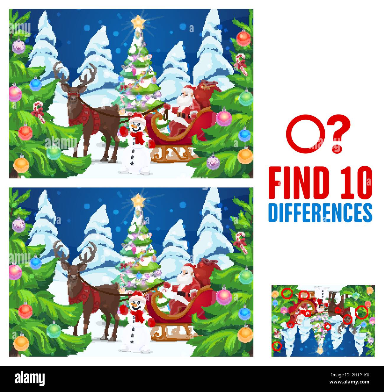 Child find ten differences game with Santa and Christmas tree. Kids