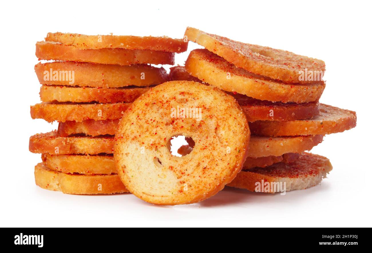 Dried bread crisps isolated on white background Stock Photo