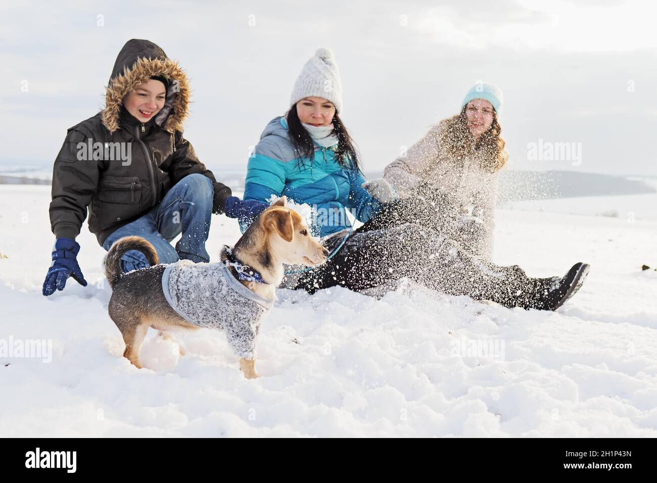 family walks the small dog in woolen clothes in the snow during winter