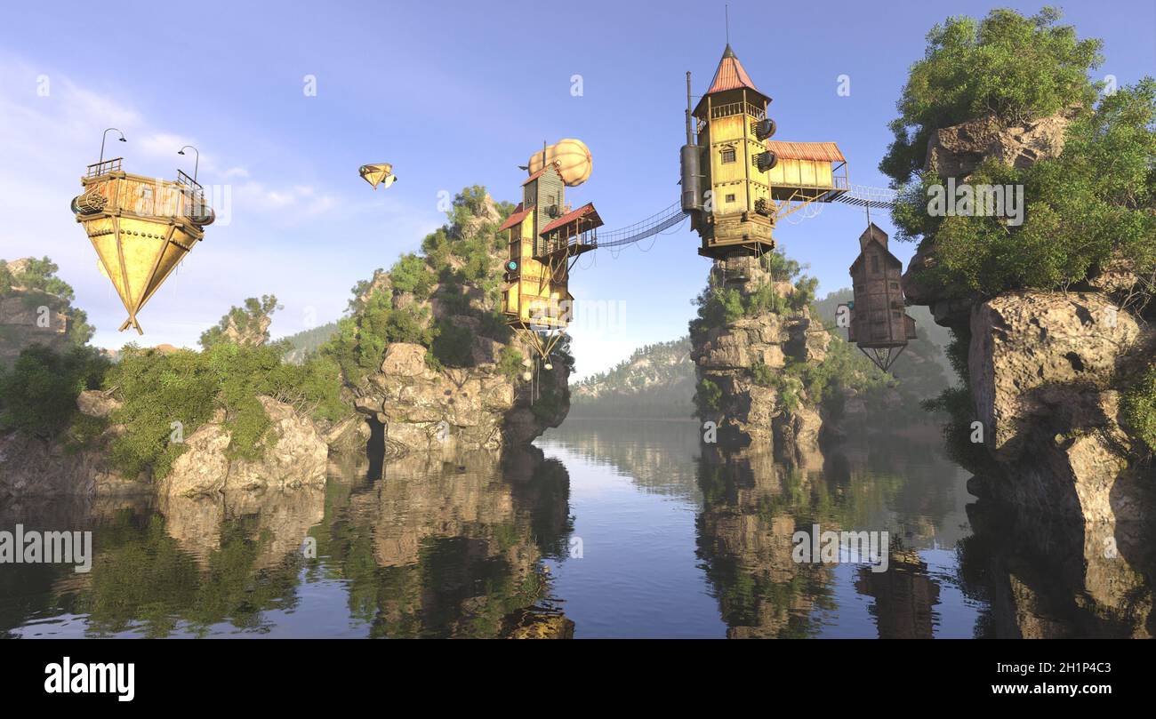 3D illustration amazing fantasy flying village and overgrown rocks Stock  Photo - Alamy