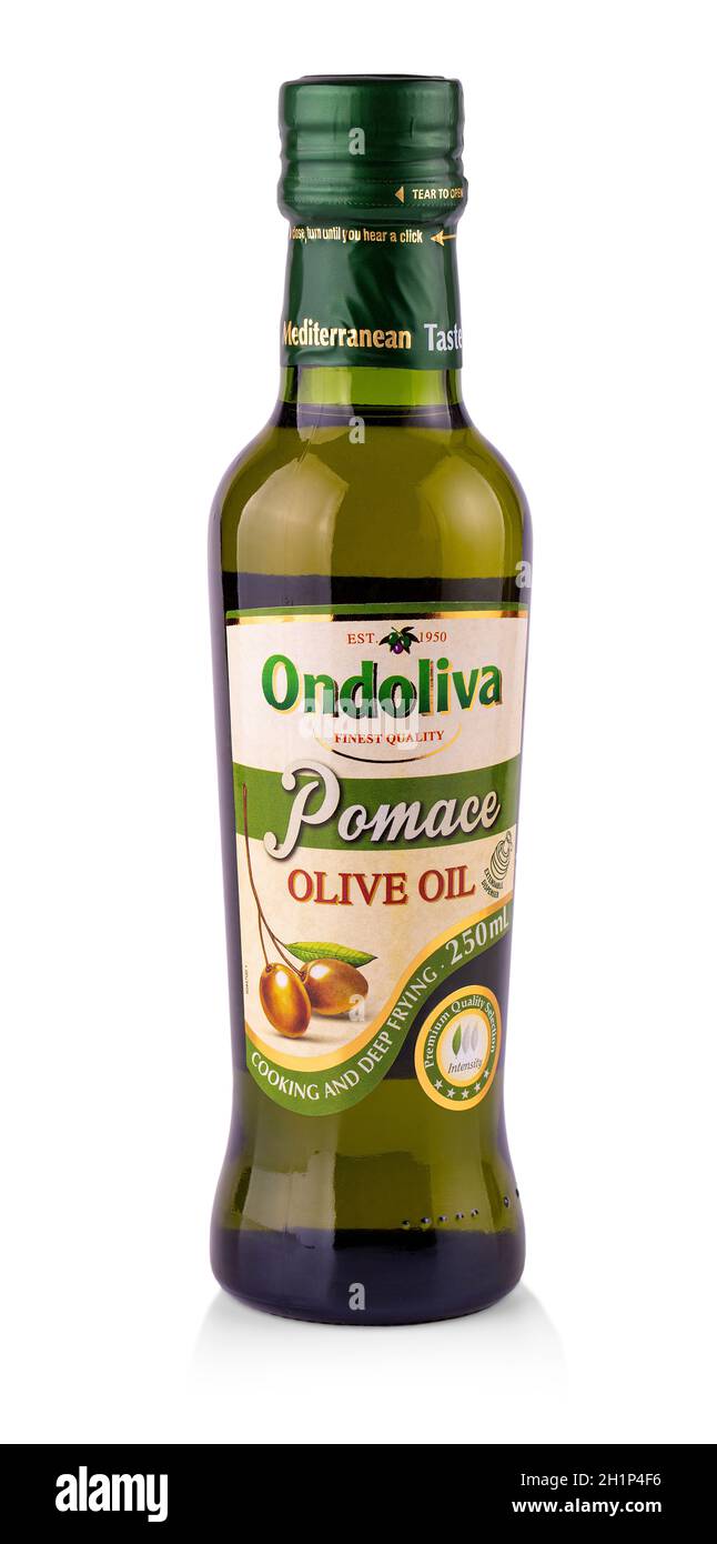 Kamchatka, Russia - December 25, 2019: Ondoliva Extra Virgin Olive Oil on white background Stock Photo