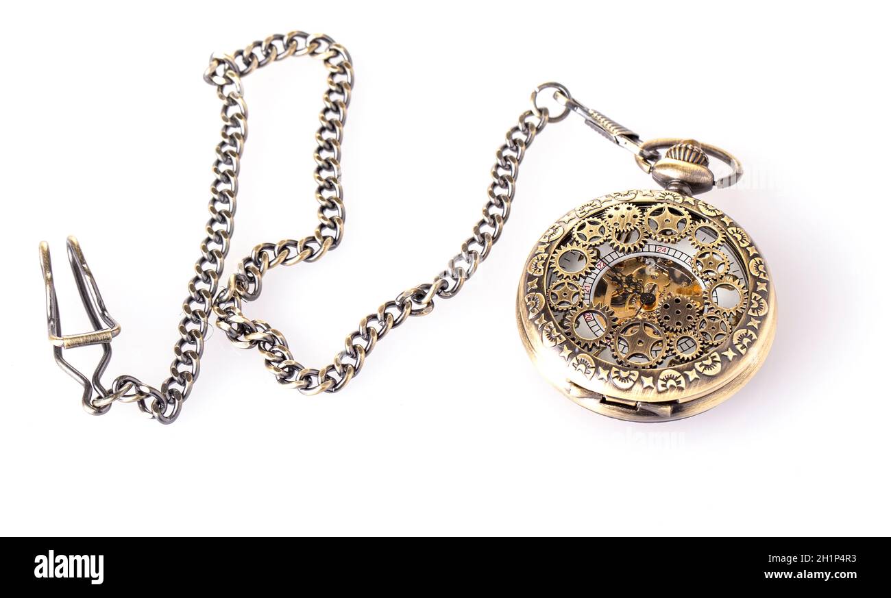 Vintage pocket watch with a chain on a white background Stock Photo
